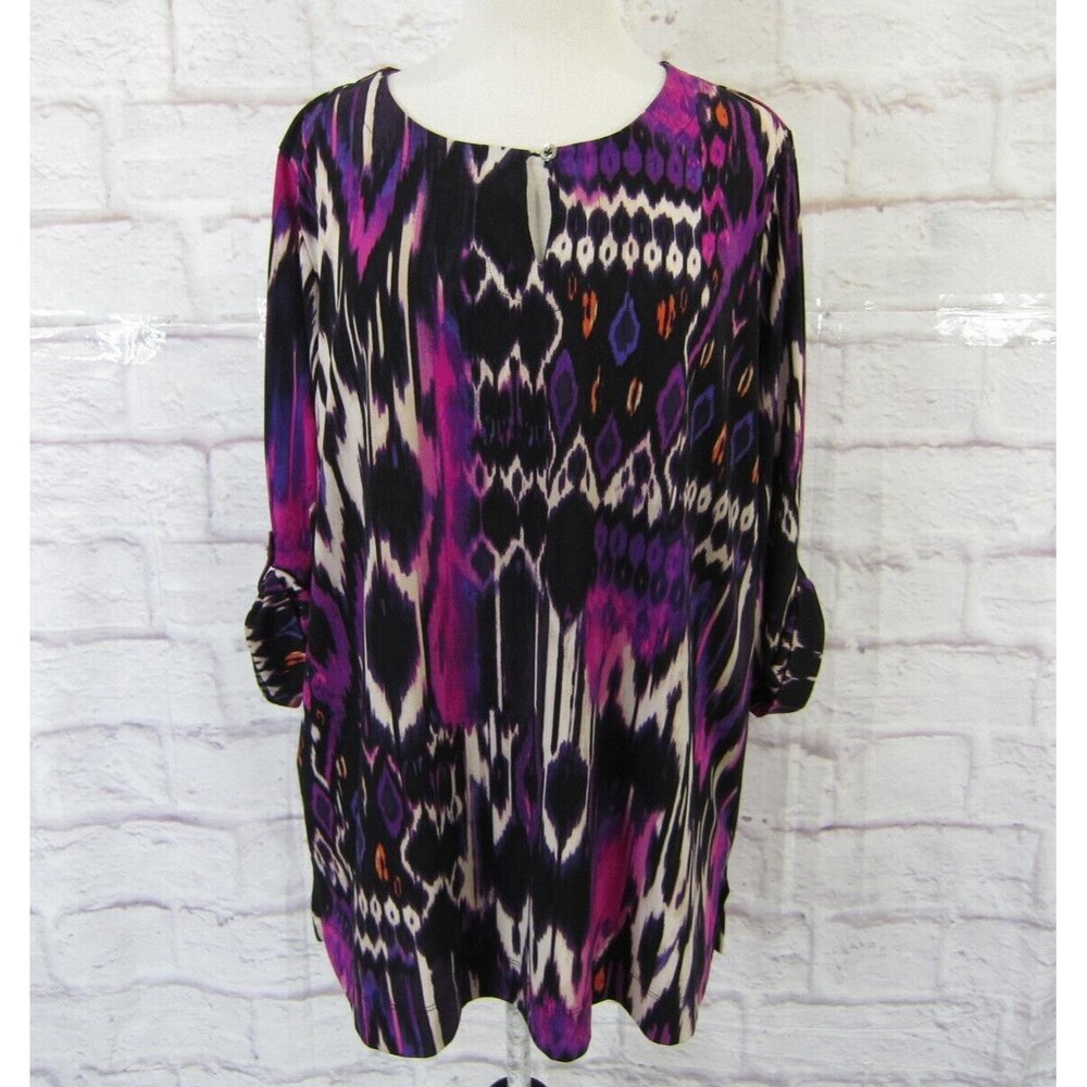 Jones New York Women 2X Geometric Blouse Tunic Top Purple Roll Tab Sleeve Button